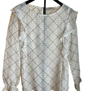 LOFT White Grid Pattern Blouse with Ruffles